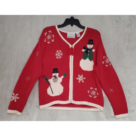 croft & barrow Sweaters - Vtg Croft & Barrow Christmas Sweater Women's S Red Hand Knitted Snowman Full Zip